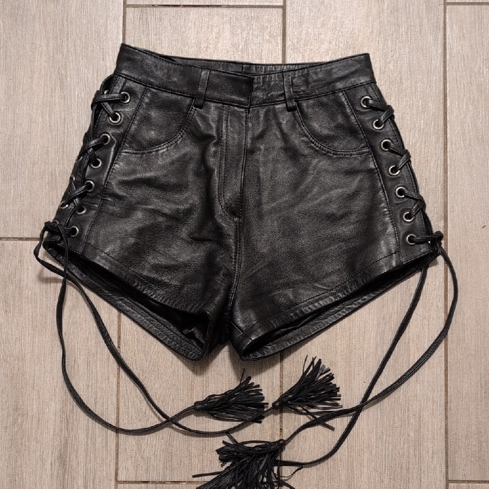 Nasty Gal Black Faux Leather High-Waist Lace-Up Shorts